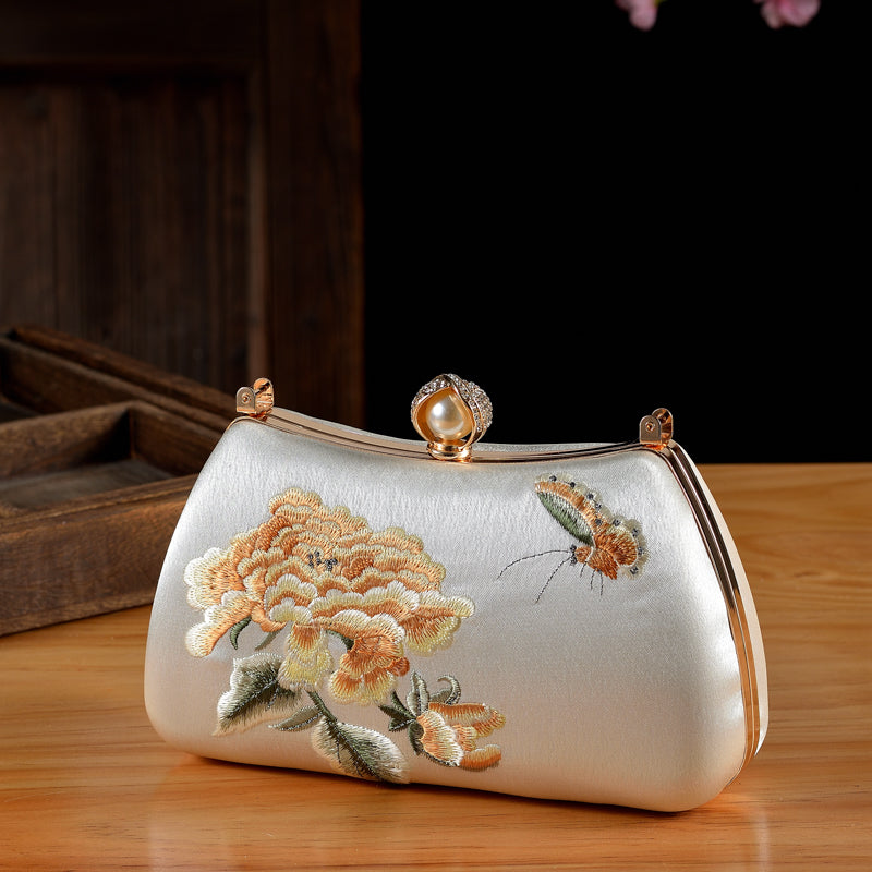 Elegant Peony & Butterfly Embroidered Silk Clutch | Handcrafted Chinese-Style Evening Bag