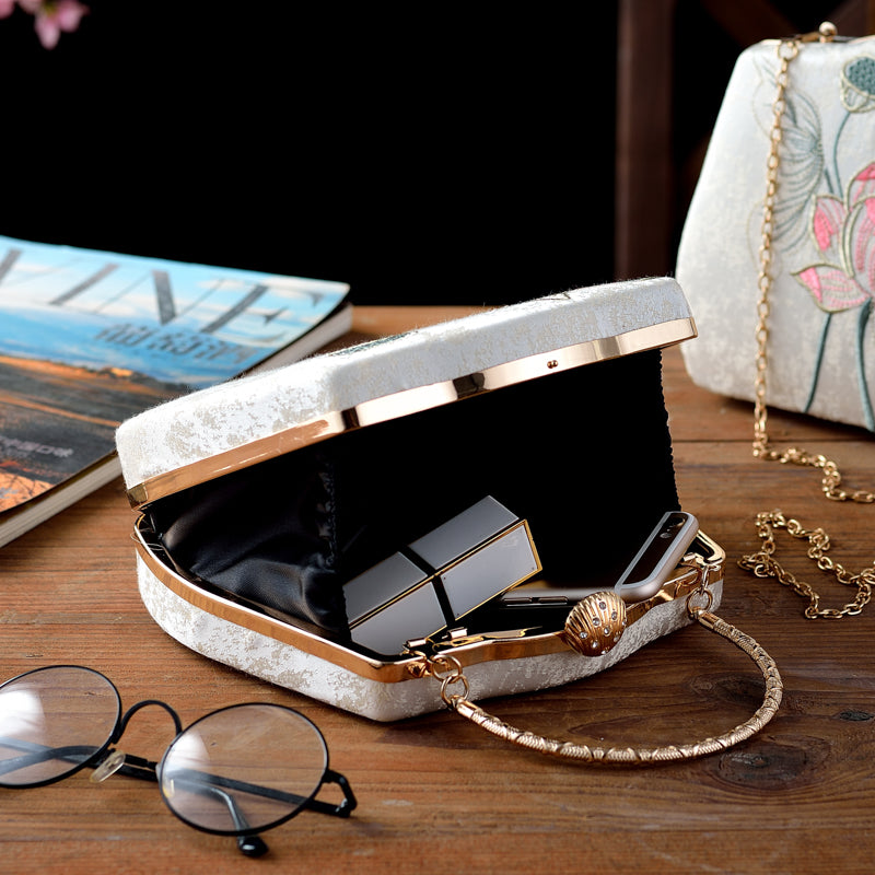 Ivory Embroidered Lotus & Butterfly Handbag – Elegance Woven in Tradition