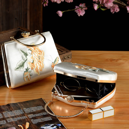 Elegant Peony & Butterfly Embroidered Silk Clutch | Handcrafted Chinese-Style Evening Bag