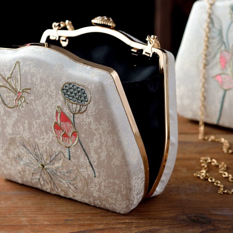 Ivory Embroidered Lotus & Butterfly Handbag – Elegance Woven in Tradition