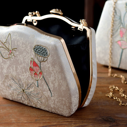 Ivory Embroidered Lotus & Butterfly Handbag – Elegance Woven in Tradition