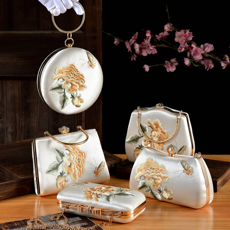 Elegant Peony & Butterfly Embroidered Silk Clutch | Handcrafted Chinese-Style Evening Bag