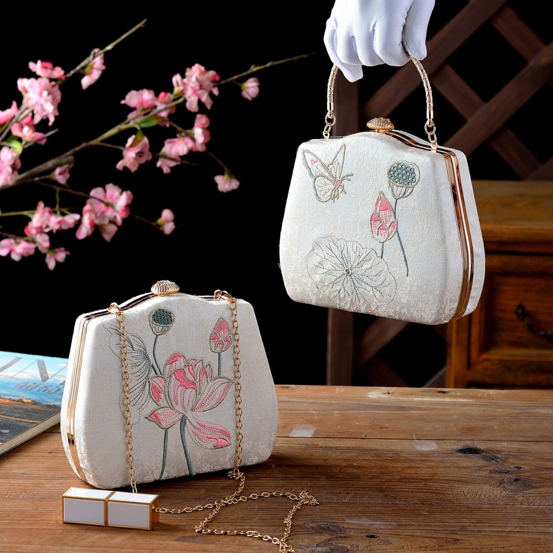 Ivory Embroidered Lotus & Butterfly Handbag – Elegance Woven in Tradition
