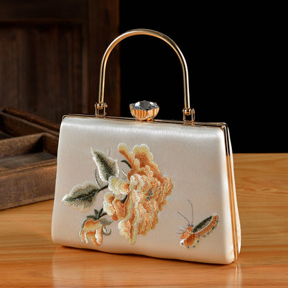 Elegant Peony & Butterfly Embroidered Silk Clutch | Handcrafted Chinese-Style Evening Bag