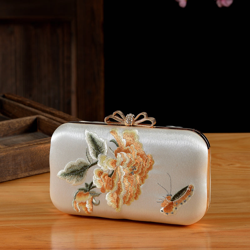 Elegant Peony & Butterfly Embroidered Silk Clutch | Handcrafted Chinese-Style Evening Bag