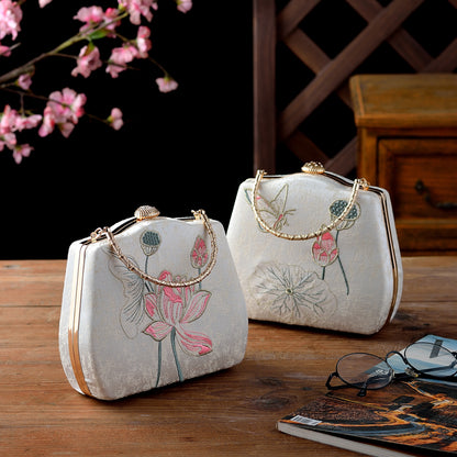 Ivory Embroidered Lotus & Butterfly Handbag – Elegance Woven in Tradition
