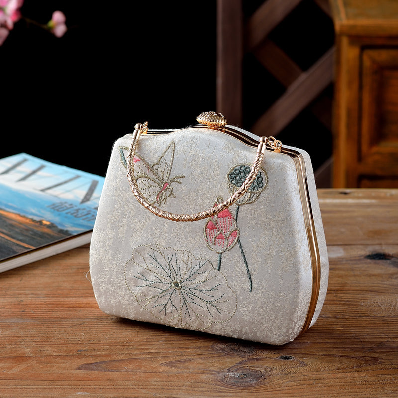 Ivory Embroidered Lotus & Butterfly Handbag – Elegance Woven in Tradition