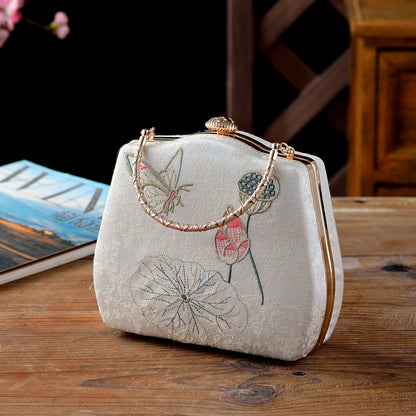 Ivory Embroidered Lotus & Butterfly Handbag – Elegance Woven in Tradition