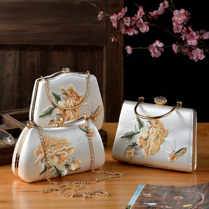 Elegant Peony & Butterfly Embroidered Silk Clutch | Handcrafted Chinese-Style Evening Bag