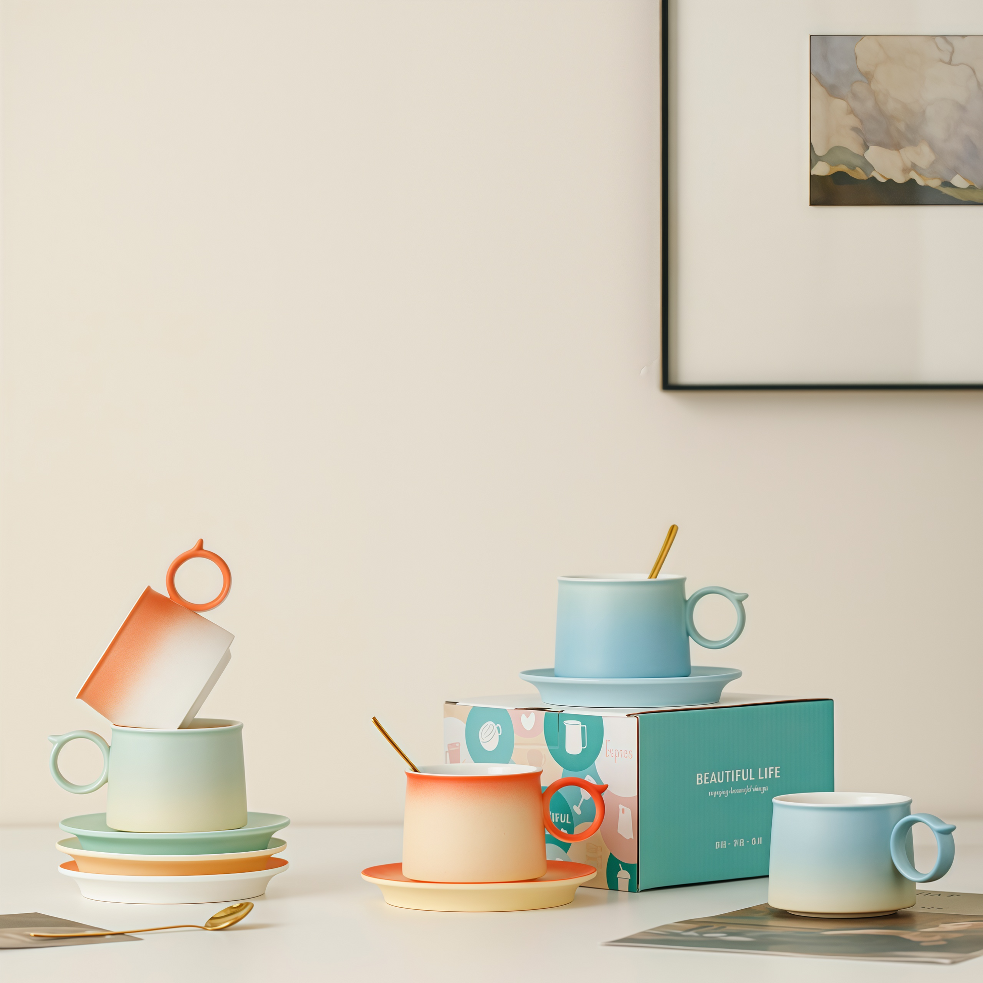 Gradient Pastel Coffee Cup | 250ml Ceramic Mug & Saucer Gift Set