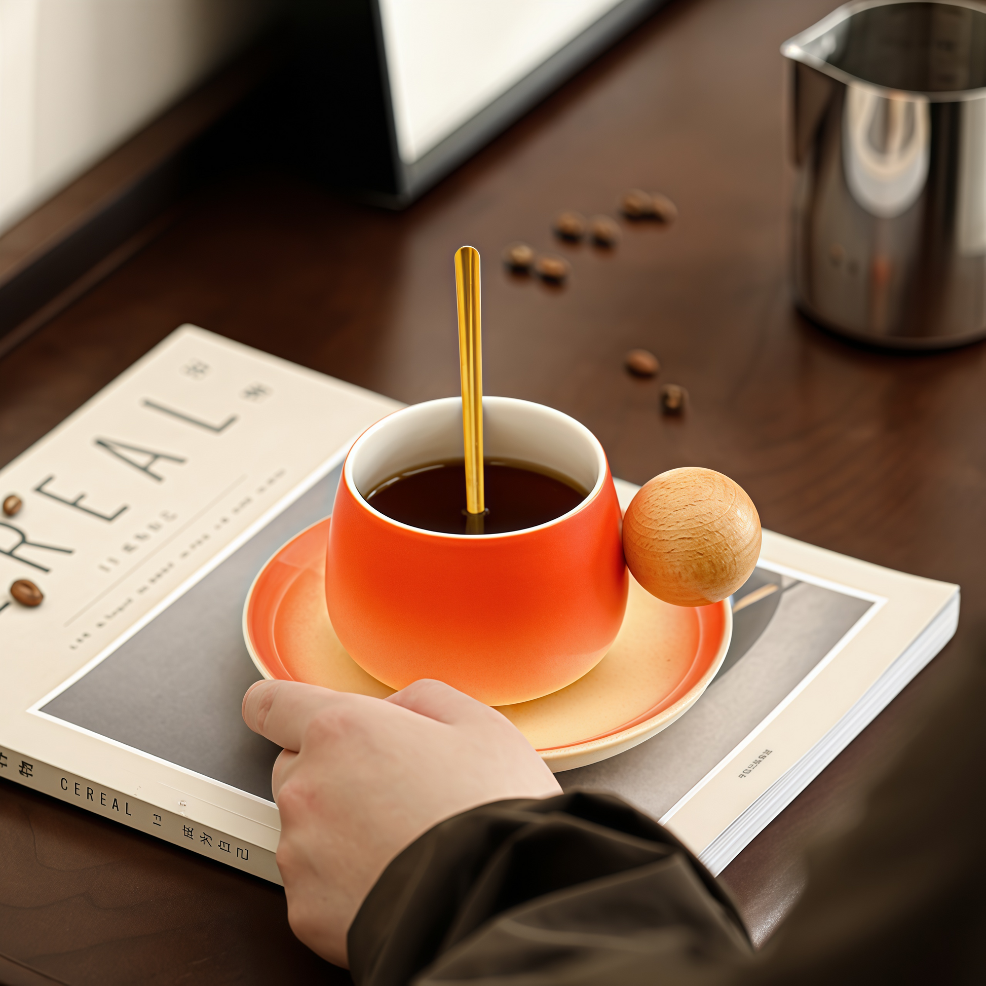 Gradient Colour Joy Coffee Cup | 250ml Ceramic Mug with Wooden Handle