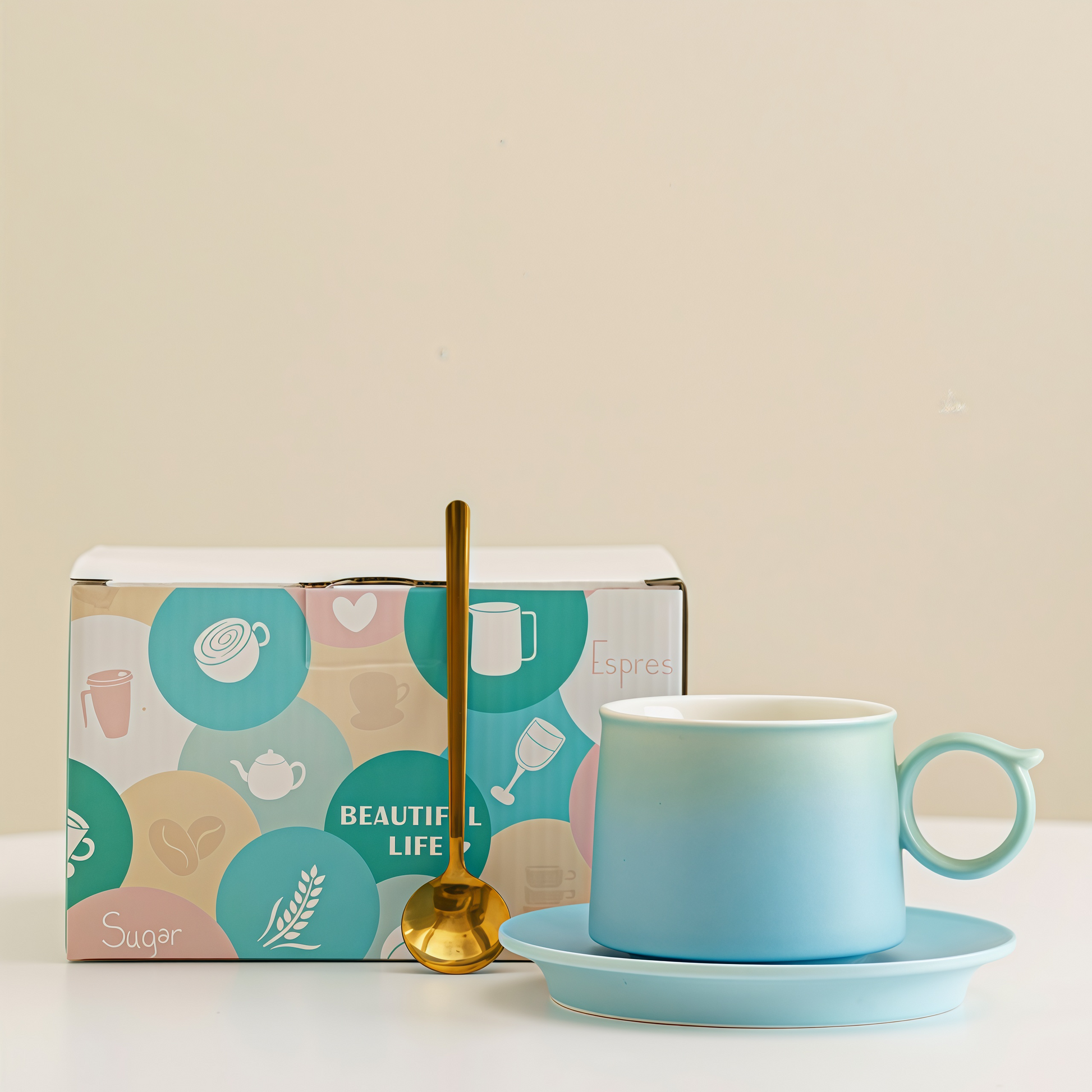 Gradient Pastel Coffee Cup | 250ml Ceramic Mug & Saucer Gift Set