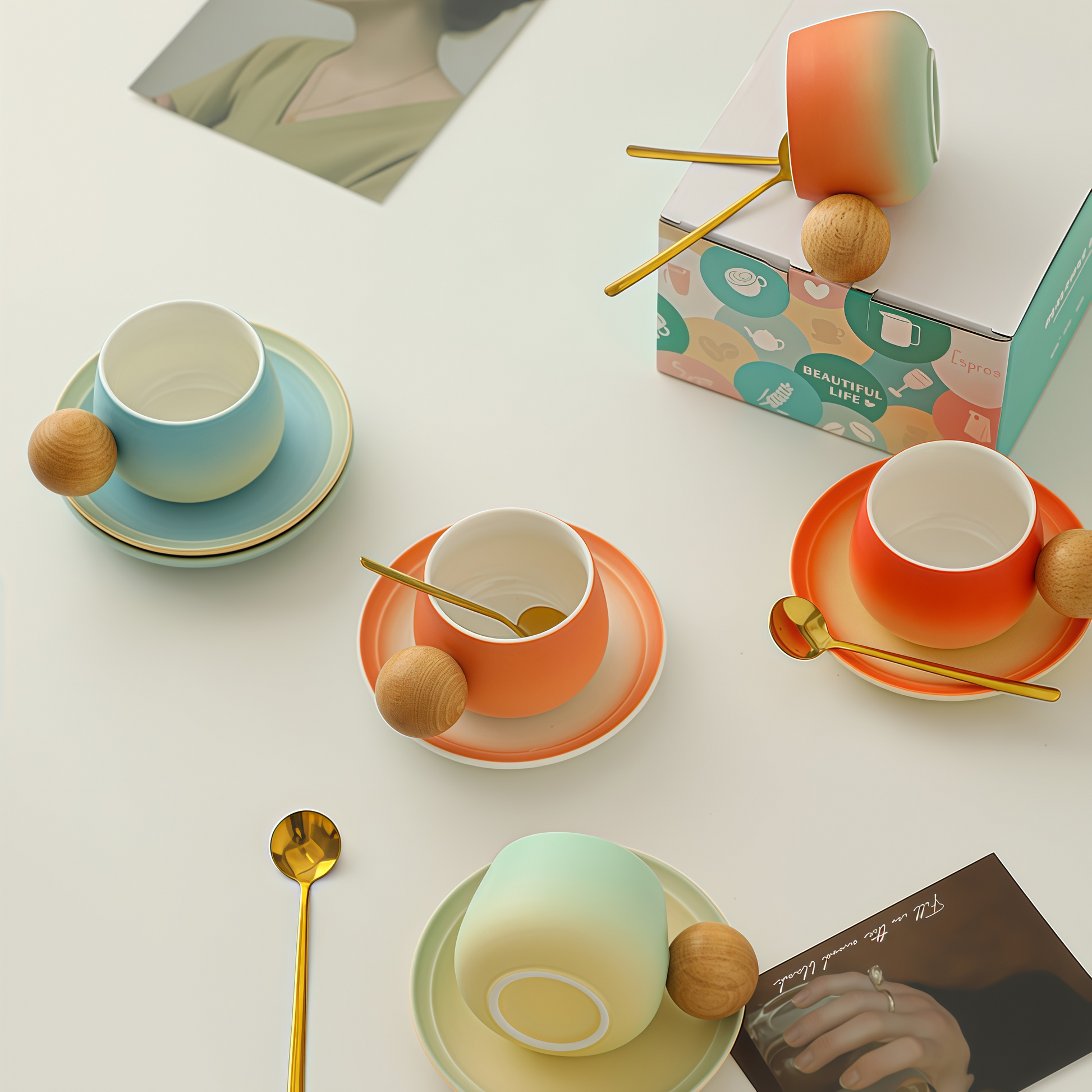 Gradient Colour Joy Coffee Cup | 250ml Ceramic Mug with Wooden Handle
