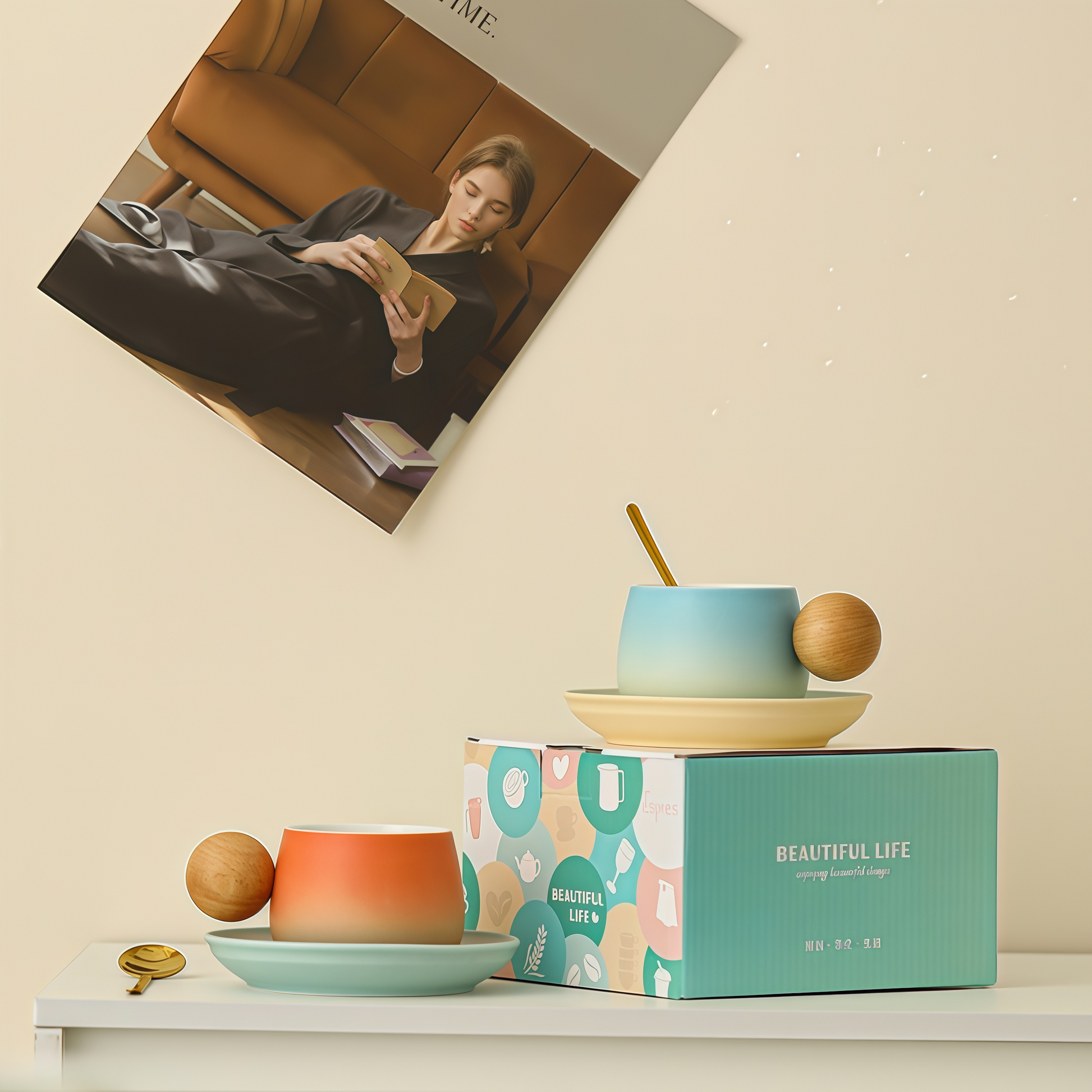 Gradient Colour Joy Coffee Cup | 250ml Ceramic Mug with Wooden Handle