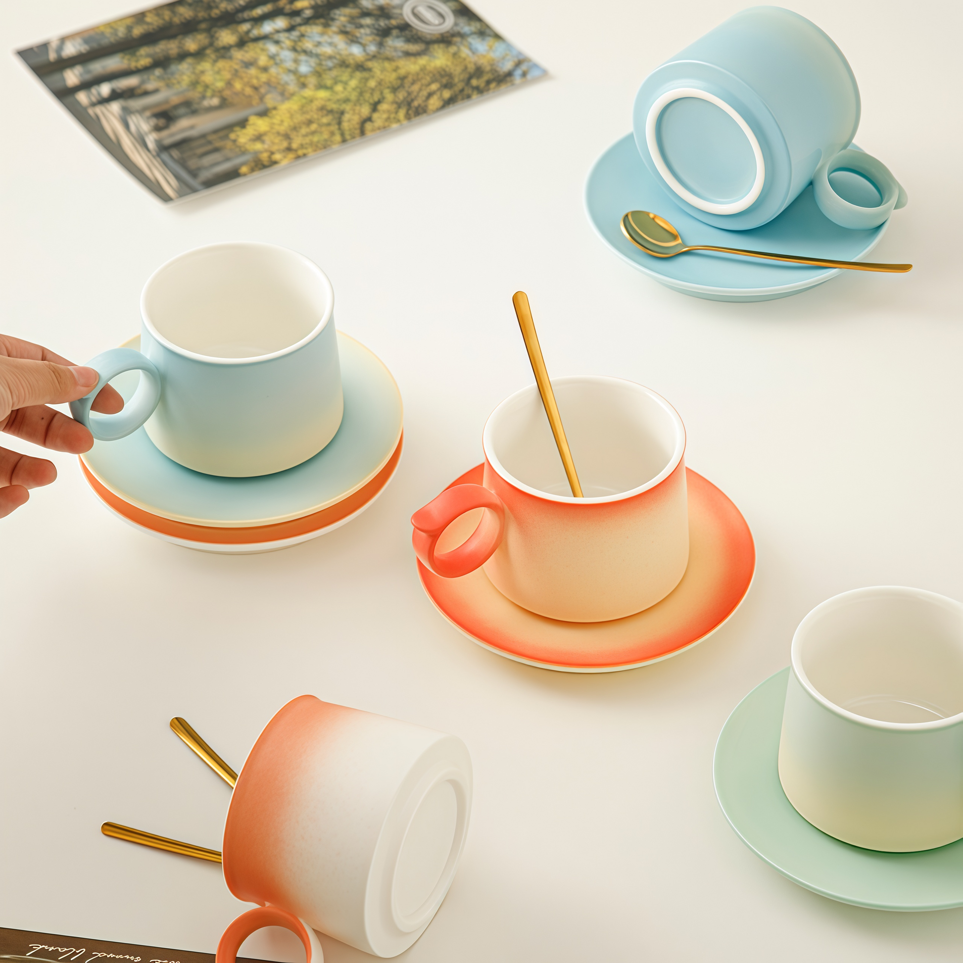 Gradient Pastel Coffee Cup | 250ml Ceramic Mug & Saucer Gift Set