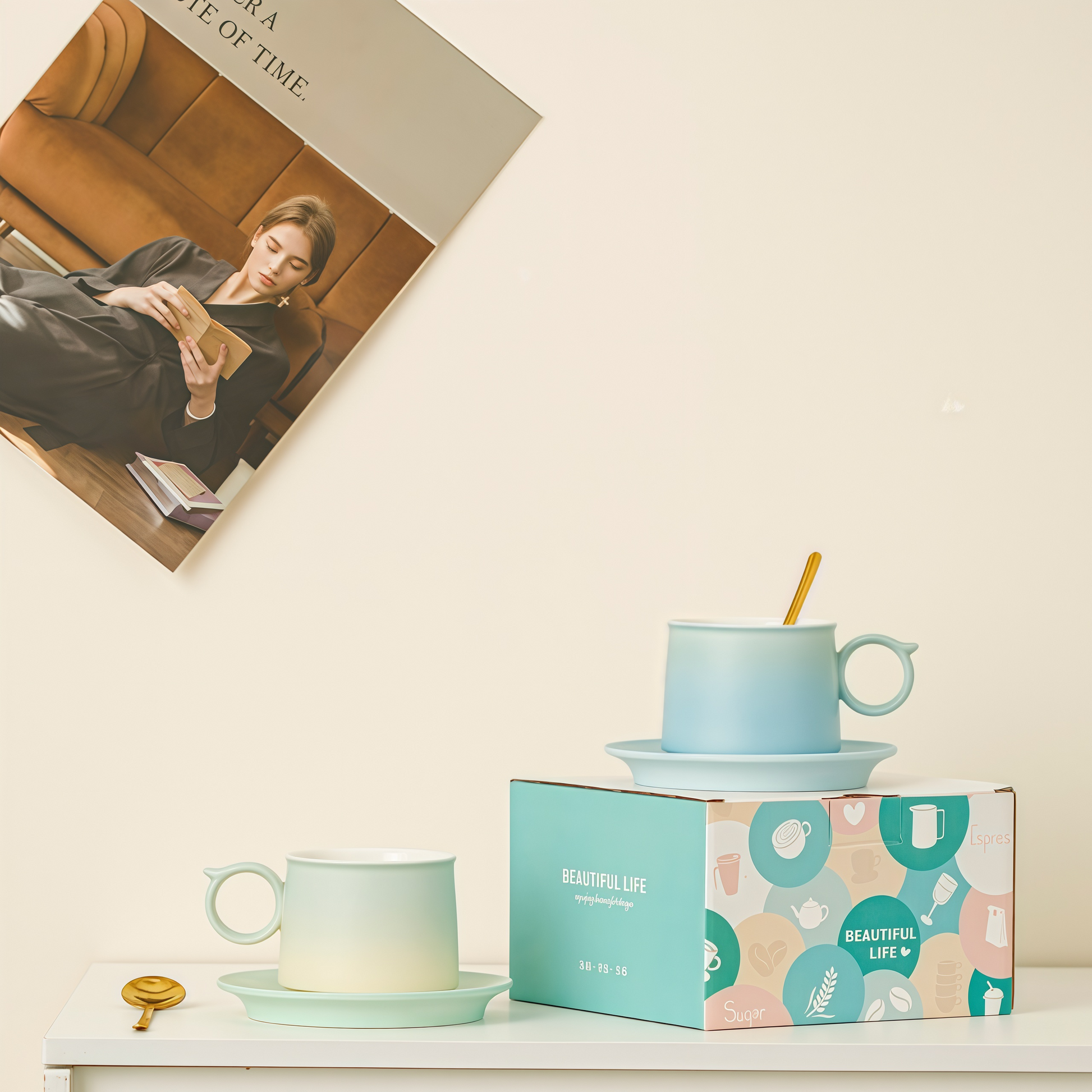 Gradient Pastel Coffee Cup | 250ml Ceramic Mug & Saucer Gift Set