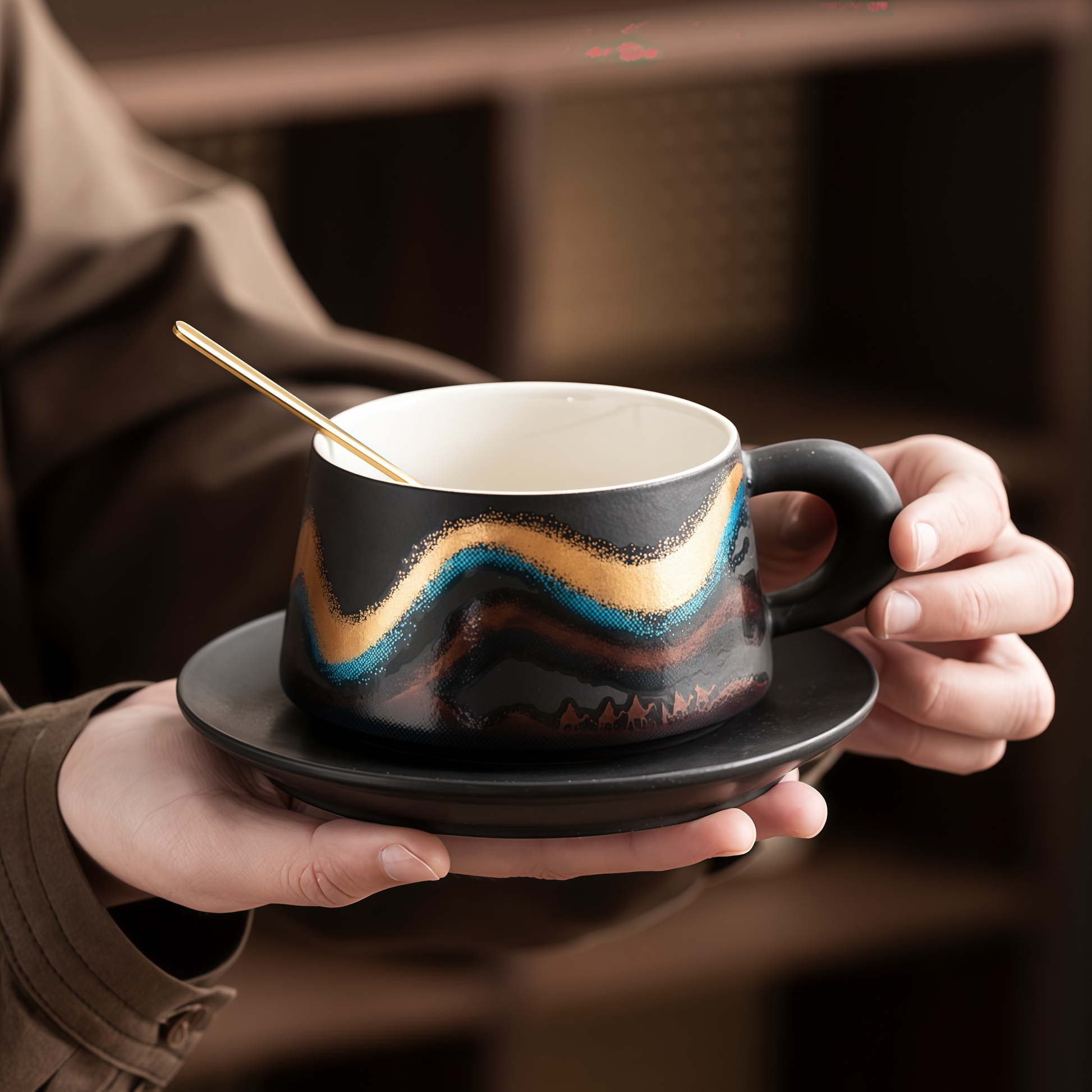 Silk Road Ceramic Coffee Cup Set｜Golden Lines, Timeless Sips