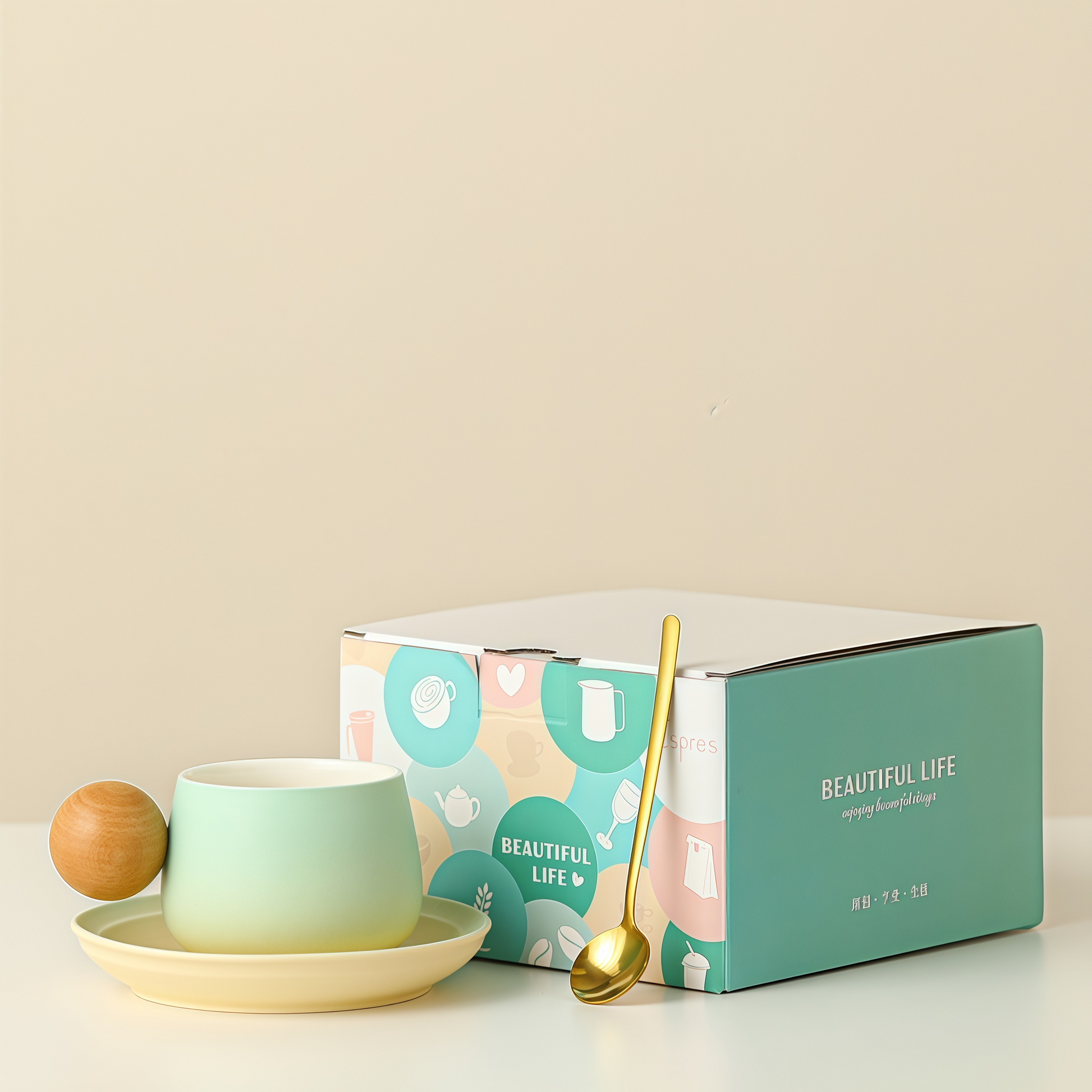 Gradient Colour Joy Coffee Cup | 250ml Ceramic Mug with Wooden Handle