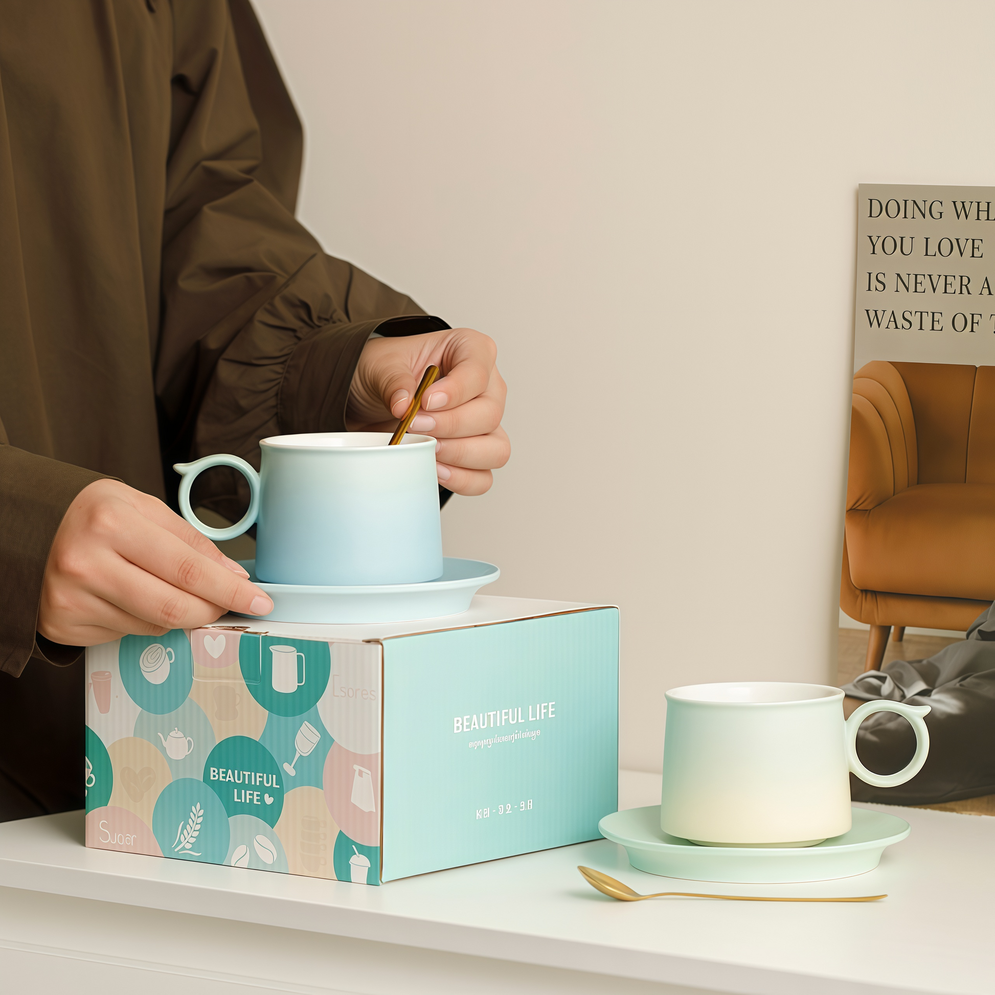 Gradient Pastel Coffee Cup | 250ml Ceramic Mug & Saucer Gift Set