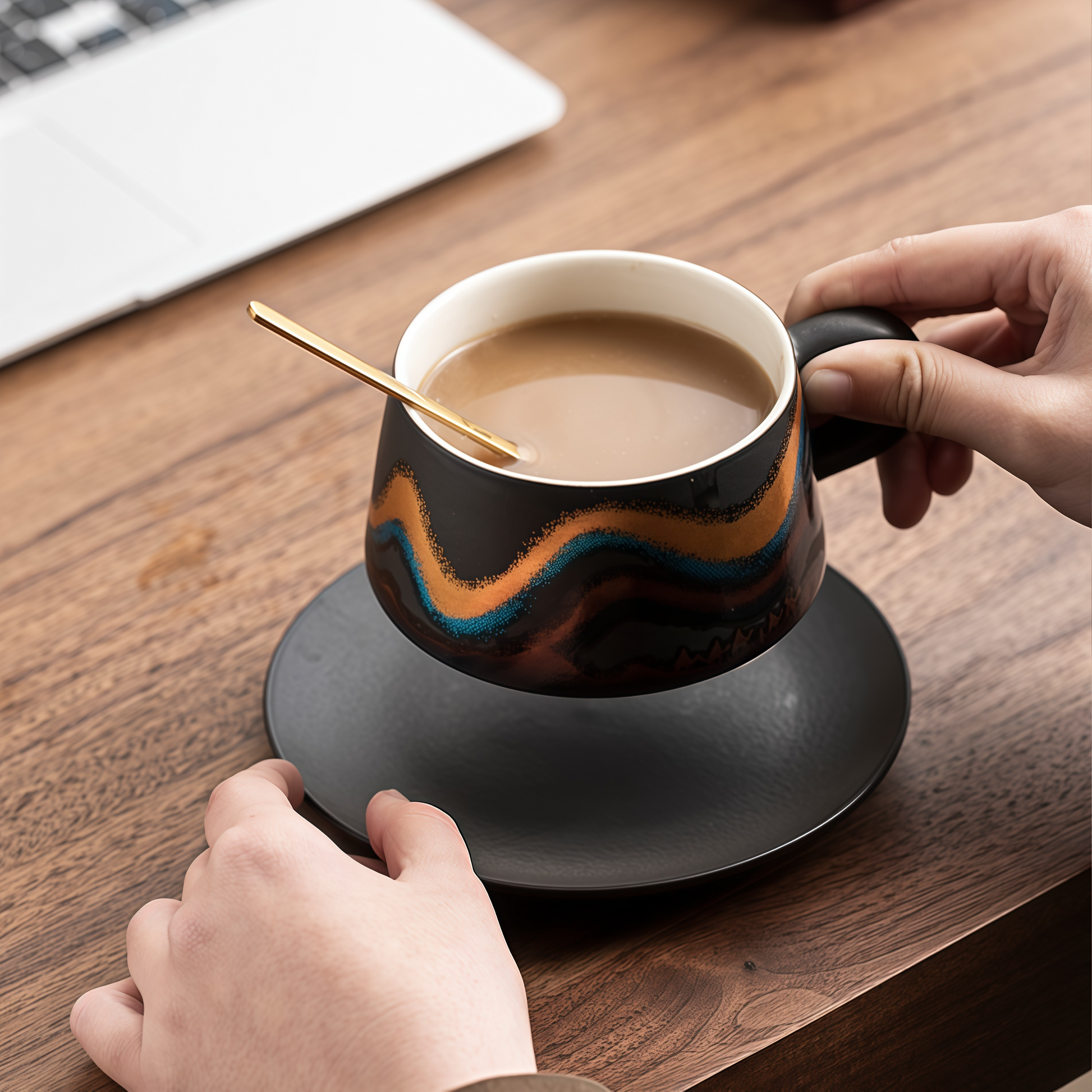 Silk Road Ceramic Coffee Cup Set｜Golden Lines, Timeless Sips