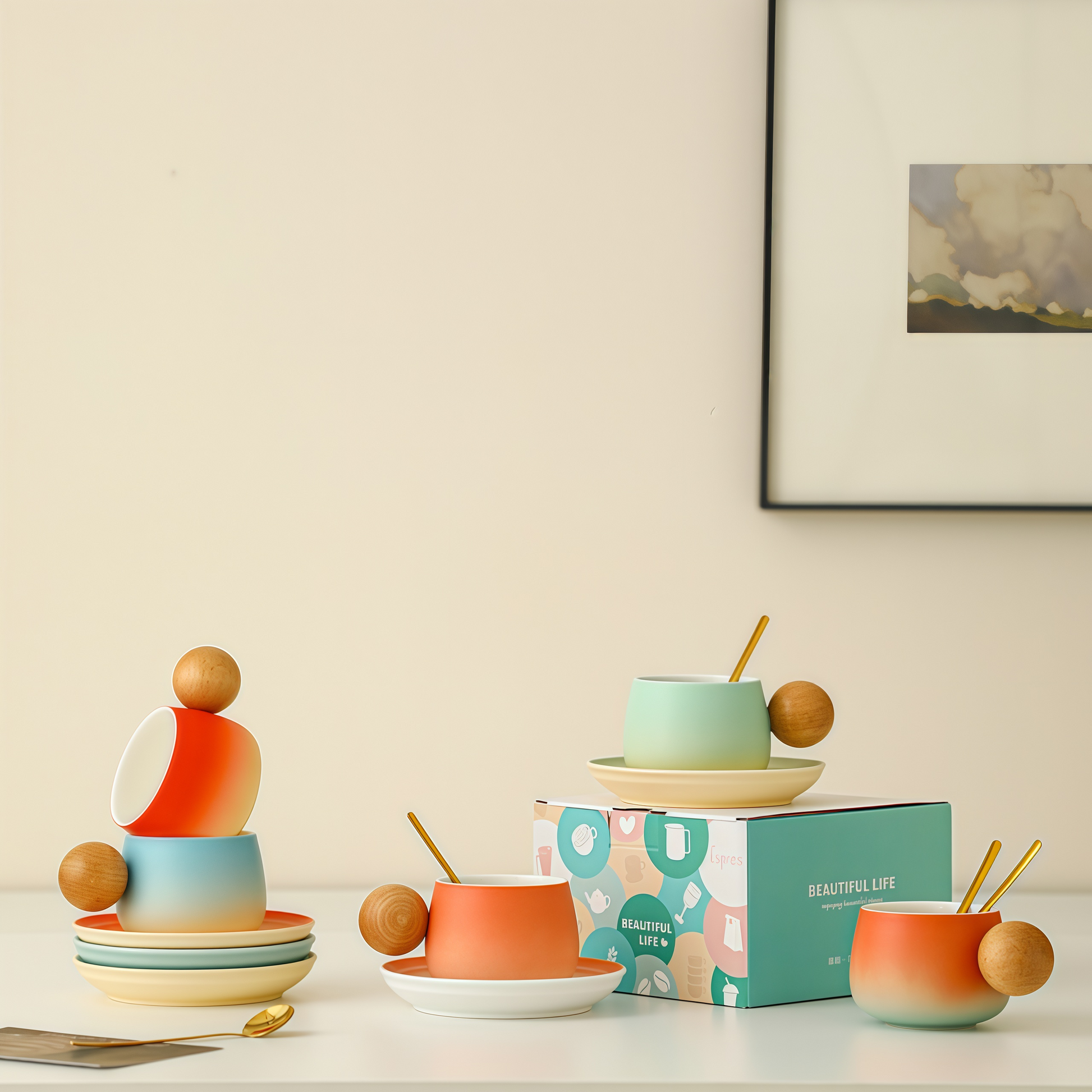 Gradient Colour Joy Coffee Cup | 250ml Ceramic Mug with Wooden Handle