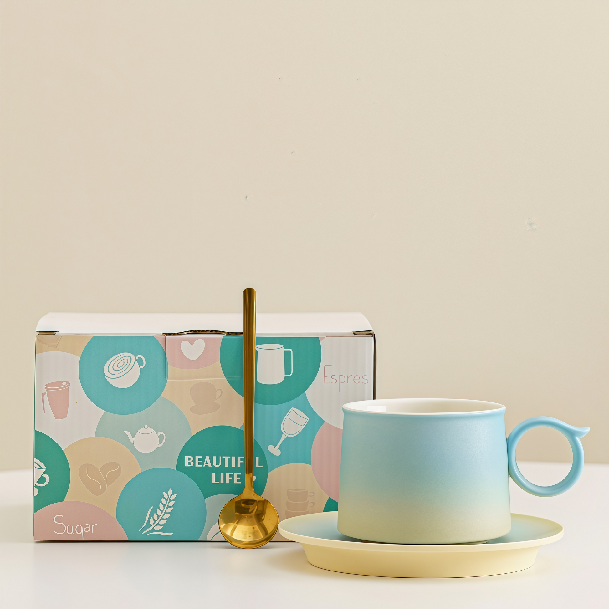 Gradient Pastel Coffee Cup | 250ml Ceramic Mug & Saucer Gift Set