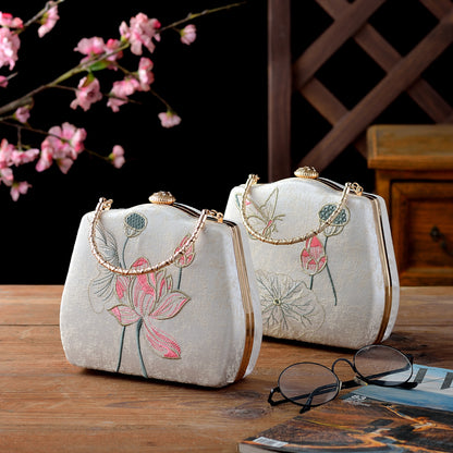 Ivory Embroidered Lotus & Butterfly Handbag – Elegance Woven in Tradition