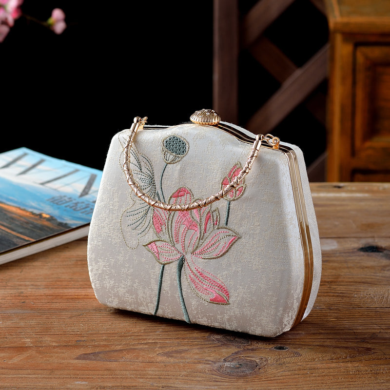 Ivory Embroidered Lotus & Butterfly Handbag – Elegance Woven in Tradition