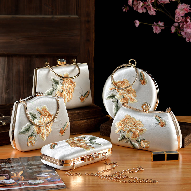 Elegant Peony & Butterfly Embroidered Silk Clutch | Handcrafted Chinese-Style Evening Bag