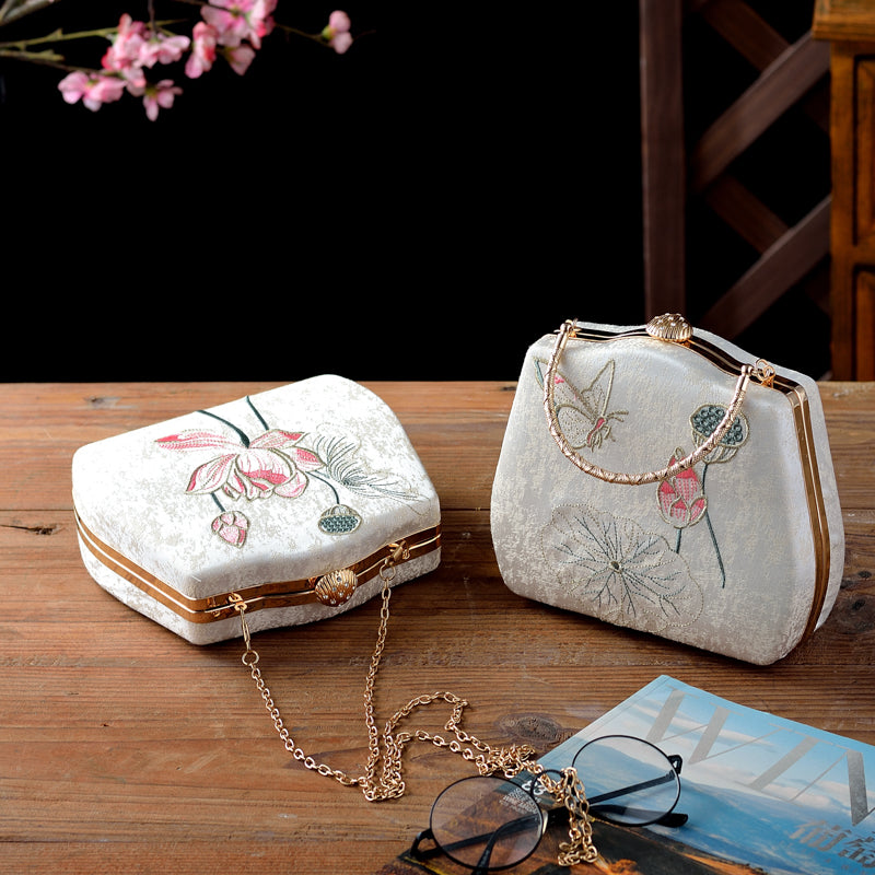 Ivory Embroidered Lotus & Butterfly Handbag – Elegance Woven in Tradition