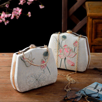 Ivory Embroidered Lotus & Butterfly Handbag – Elegance Woven in Tradition