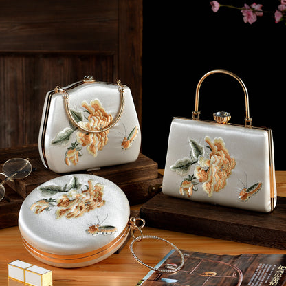Elegant Peony & Butterfly Embroidered Silk Clutch | Handcrafted Chinese-Style Evening Bag