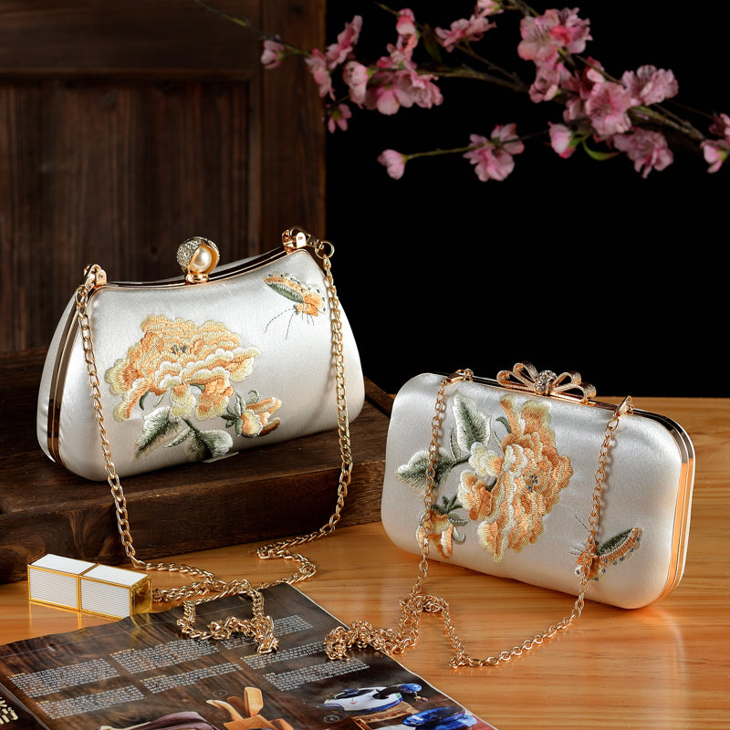 Elegant Peony & Butterfly Embroidered Silk Clutch | Handcrafted Chinese-Style Evening Bag