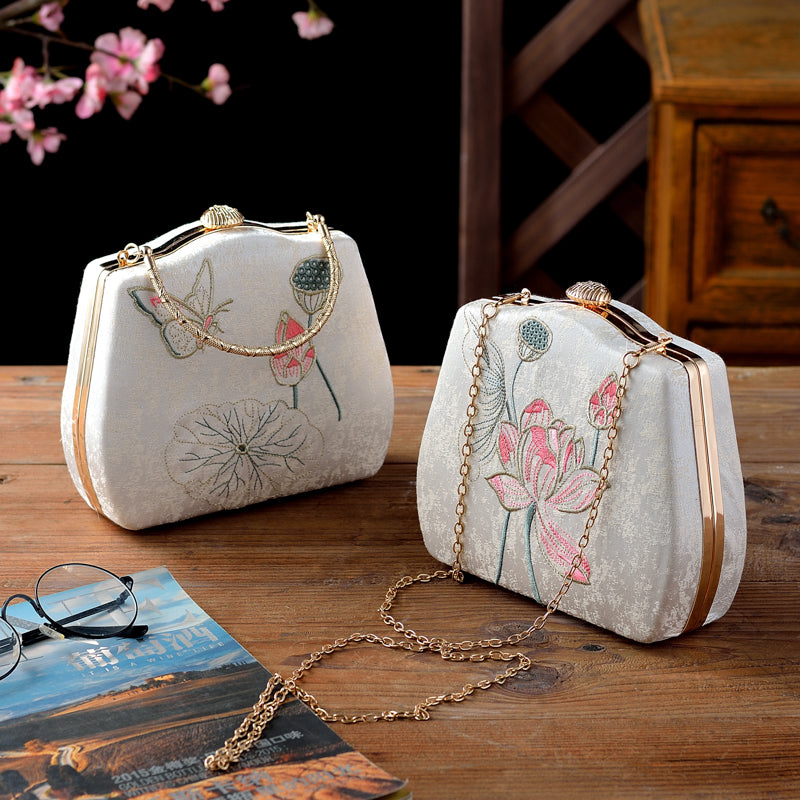 Ivory Embroidered Lotus & Butterfly Handbag – Elegance Woven in Tradition