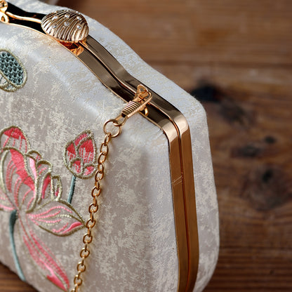 Ivory Embroidered Lotus & Butterfly Handbag – Elegance Woven in Tradition