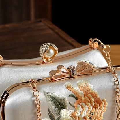 Elegant Peony & Butterfly Embroidered Silk Clutch | Handcrafted Chinese-Style Evening Bag