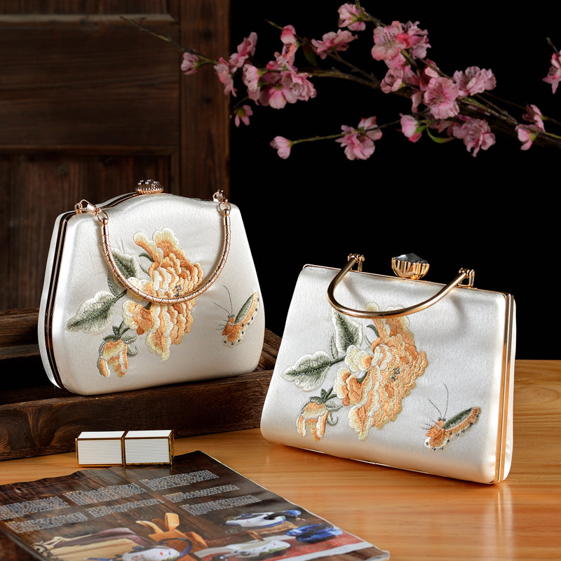 Elegant Peony & Butterfly Embroidered Silk Clutch | Handcrafted Chinese-Style Evening Bag