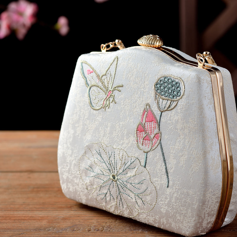 Ivory Embroidered Lotus & Butterfly Handbag – Elegance Woven in Tradition