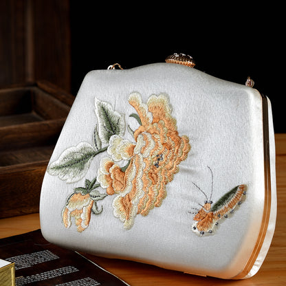Elegant Peony & Butterfly Embroidered Silk Clutch | Handcrafted Chinese-Style Evening Bag