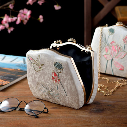 Ivory Embroidered Lotus & Butterfly Handbag – Elegance Woven in Tradition